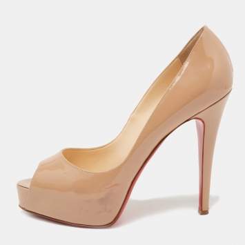 Pre Owned Christian Louboutin Beige Patent Leather Very Prive Peep Toe Platform Pumps Size 37.5