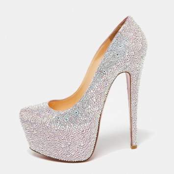 Pre Owned Christian Louboutin Pink/Silver Crystal Embellished Suede Daffodile Platform Pumps Size 37.5