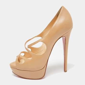 Pre Owned Christian Louboutin Beige Leather Mademoi Criss Cross Platform Open Toe Pumps Size 37