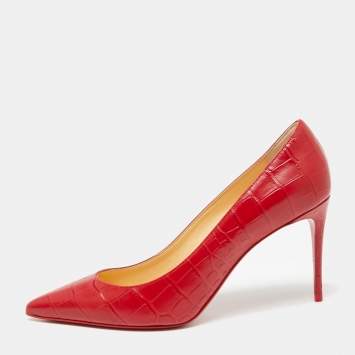 Pre Owned Christian Louboutin Red Croc Embossed Leather So Kate Pointed Toe Pumps Size 38