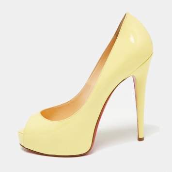 Pre Owned Christian Louboutin Yellow Patent Leather Very Prive Peep Toe Platform Pumps Size 37