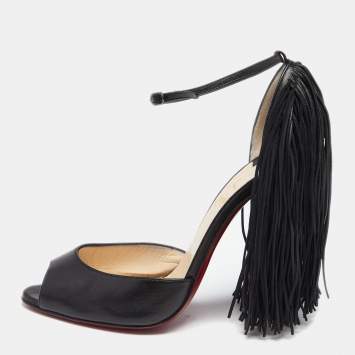 Pre Owned Christian Louboutin Black Leather Otrot Fringe Ankle-Strap Sandals Size 40 