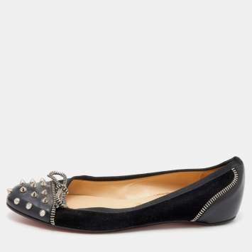 مملوكة مسبقًا Christian Louboutin Black Suede and Leather Spiked Zipper Ballet Flats Size 36.5