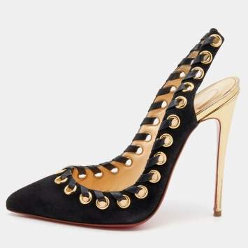 Pre Owned Christian Louboutin Black Suede And Leather Trim Whipstitch Ostri Slingback Sandals Size 37
