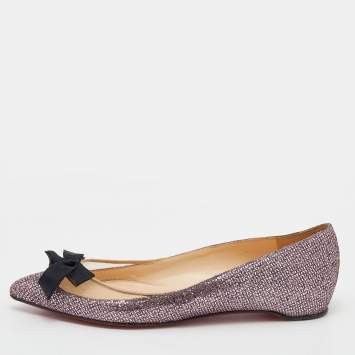 Pre Owned Christian Louboutin Purple/Beige Glitter Bow Flats Size 37.5