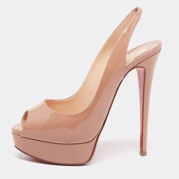 Pre Owned Christian Louboutin Beige Patent Leather Lady Peep Toe Sandals Size 37.5