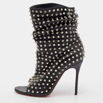 Pre Owned Christian Louboutin Black Leather Spiked Guerilla Peep Toe Slouchy Ankle Boots Size 36.5