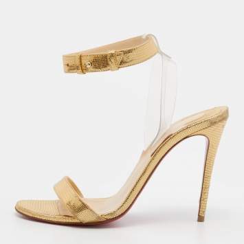 Pre Owned Christian Louboutin Gold Leather And PVC Jonatina Ankle Strap Sandals Size 36.5