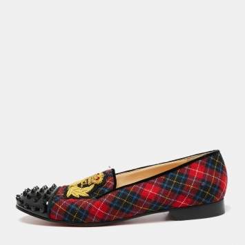 Pre Owned Christian Louboutin Multicolor Fabric and Patent Leather Spiked Intern Loafers Size 41.5