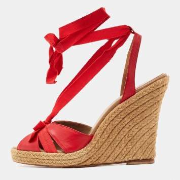 Pre Owned Christian Louboutin Red Leather And Fabric Ankle Tie Up Espadrille Wedge Sandals Size 41