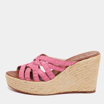 Pre Owned Christian Louboutin Pink Pleated Fabric Espadrille Platform Wedge Sandals Size 41