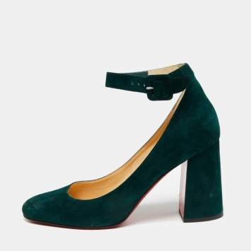 Pre Owned Christian Louboutin Green Suede Soval Ankle Strap Block Heel Pumps Size 40