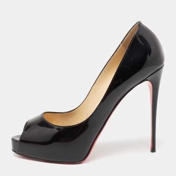 Pre Owned Christian Louboutin Black Patent Leather Very Prive Peep Toe Pumps Size 39
