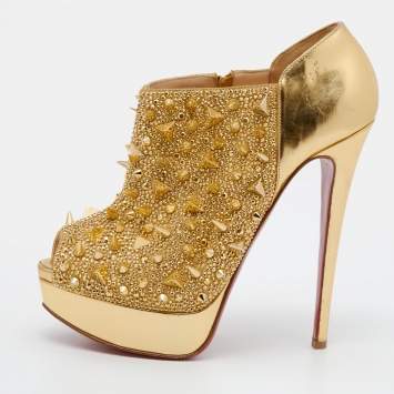 Pre Owned Christian Louboutin Metallic Gold Leather Bridget's Back Spike Peep Toe Booties Size 38.5