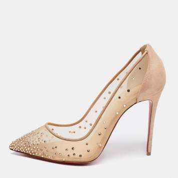 Pre Owned Christian Louboutin Beige Mesh And Suede Follies Strass Crystal Embellished Pumps Size 38.5