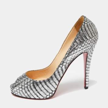 Pre Owned Christian Louboutin Silver/Black Water Snake Leather Very Prive Peep-Toe Pumps Size 37