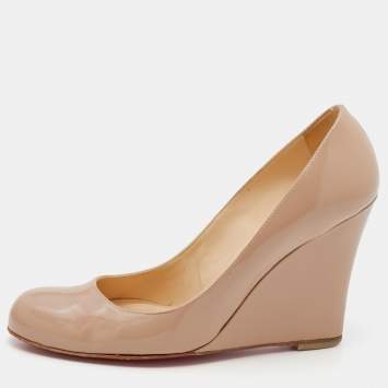 Pre Owned Christian Louboutin Beige Patent Leather RonRon Zeppa Wedge Pumps Size 38.5