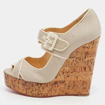 Pre Owned Christian Louboutin White Canvas And Leather Cork Melides Wedge Peep Toe Pumps Size 39