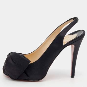 Pre Owned Christian Louboutin Black Satin Bow Slingback Sandals Size 38.5