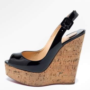 Pre Owned Christian Louboutin Black Patent Leather Une Plume Cork Wedge Slingback Sandals Size 36.5