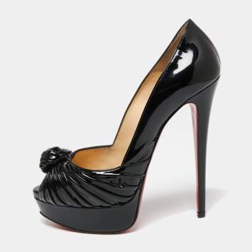 Pre Owned Christian Louboutin Black Patent Leather Jenny Knot Peep-Toe Platform Pumps Size 37