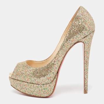 Pre Owned Christian Louboutin Gold Glitter Lady Peep-Toe Platform Pumps Size 36.5