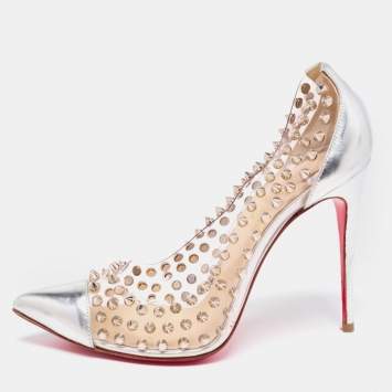 Pre Owned Christian Louboutin Silver Leather and PVC Spike Me Pumps Size 38
