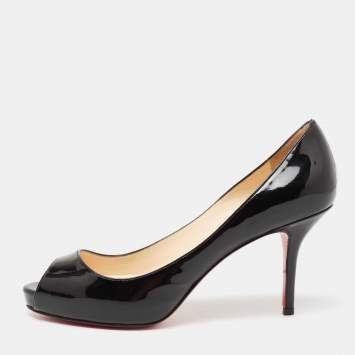 Pre Owned Christian Louboutin Black Patent Leather Very Prive Peep-Toe Pumps Size 36.5