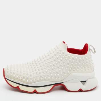 Pre Owned Christian Louboutin White Stretch Fabric Spike Sock Slip On Platform Sneakers Size 40