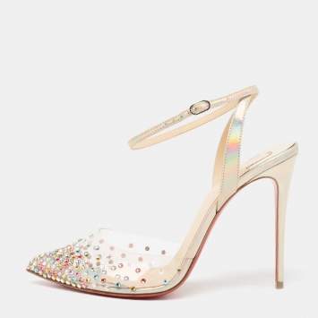 Pre Owned Christian Louboutin Multicolor Iridescent Leather and PVC Spikaqueen Ankle-Strap Pumps Size 38.5