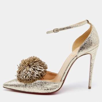 Pre Owned Christian Louboutin Metallic Gold Leather Tsarou Pom Pom Pointed Toe Ankle Strap Sandals Size 37.5