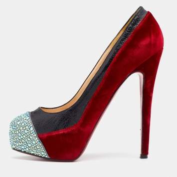 Pre Owned Christian Louboutin Red/Black Velvet And Ostrich Leg Strass Crystal Calypso Platform Pumps Size 38.5