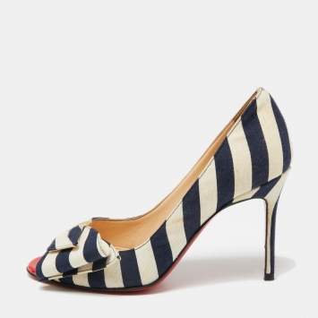 Pre Owned Christian Louboutin Navy Blue/White Stripe Fabric Just Soon Peep Toe Pumps Size 35
