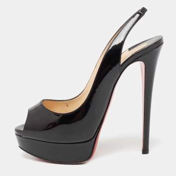 Pre Owned Christian Louboutin Black Patent Leather Lady Peep Toe Platform Pumps Size 38.5 