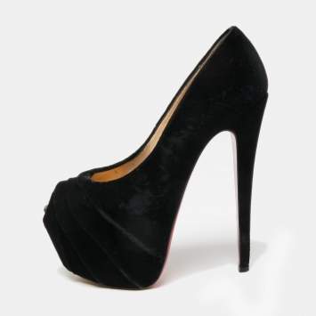 Pre Owned Christian Louboutin Black Velvet Drapesse Peep-Toe Platform Pumps Size 36