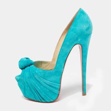 Pre Owned Christian Louboutin Turquoise Suede Lady Gres 20th Anniversary Peep-Toe Platform Pumps Size 37