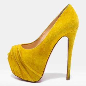 Pre Owned Christian Louboutin Yellow Suede Drapesse Peep-Toe Platform Pumps Size 36.5