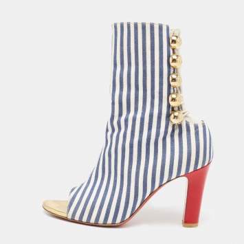 Pre Owned Christian Louboutin Blue/White Stripe Fabric and Leather Peep-Toe Ankle Boots Size 36
