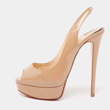 Pre Owned Christian Louboutin Beige Patent Leather Lady Peep-Toe Slingback Pumps Size 38.5