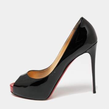 Pre Owned Christian Louboutin Black Patent Leather New Very Prive Peep-Toe Pumps Size 39