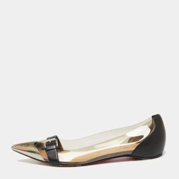 Pre Owned Christian Louboutin Black Leather and PVC Metal Pointed-Toe Ballet Flats Size 36.5