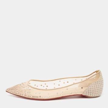 Pre Owned Christian Louboutin Beige Mesh and Lamé Fabric Follies Strass Ballet Flats Size 38.5
