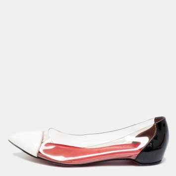 Pre Owned Christian Louboutin White/Black Patent Leather and PVC Corbeau Ballet Flats Size 36.5 
