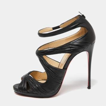 Pre Owned Christian Louboutin Black Pleated Leather Kashou Ankle-Strap Sandals Size 38