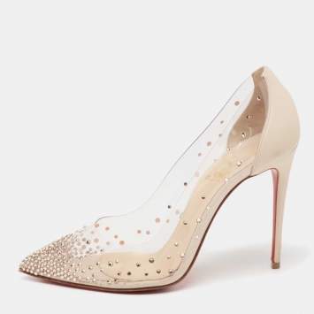 Pre Owned Christian Louboutin Off-White Leather Crystal Embellished Pointed Toe Degrastrass Pumps Size 37