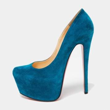 Pre Owned Christian Louboutin Teal Blue Suede Daffodile Platform Pumps Size 36.5