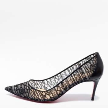 Pre Owned Christian Louboutin Black Lace and Leather Dorissima Dentelle Pumps Size 38.5