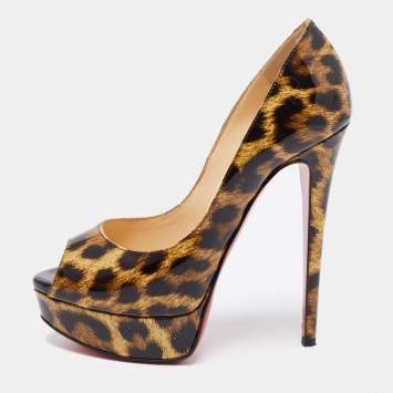 Pre Owned Christian Louboutin Black/Brown Leopard Print Patent Leather Lady Peep-Toe Platform Pumps Size 35