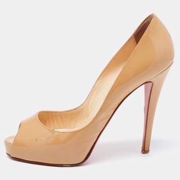 Pre Owned Christian Louboutin Beige Patent Leather New Very Prive Peep Toe Platform Pumps Size 39.5