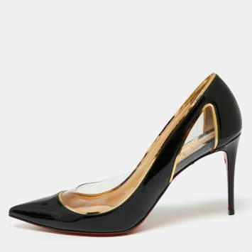 Pre Owned Christian Louboutin Black Patent Leather and PVC Cosmo Pointed-Toe Pumps Size 41 